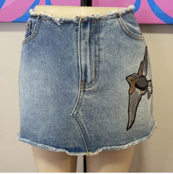 Carmar Dresses & Skirts - CARMAR Denim Mini skirt W/ Embroidery Bird Detail